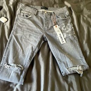 Purple jeans gray with white paint splatter